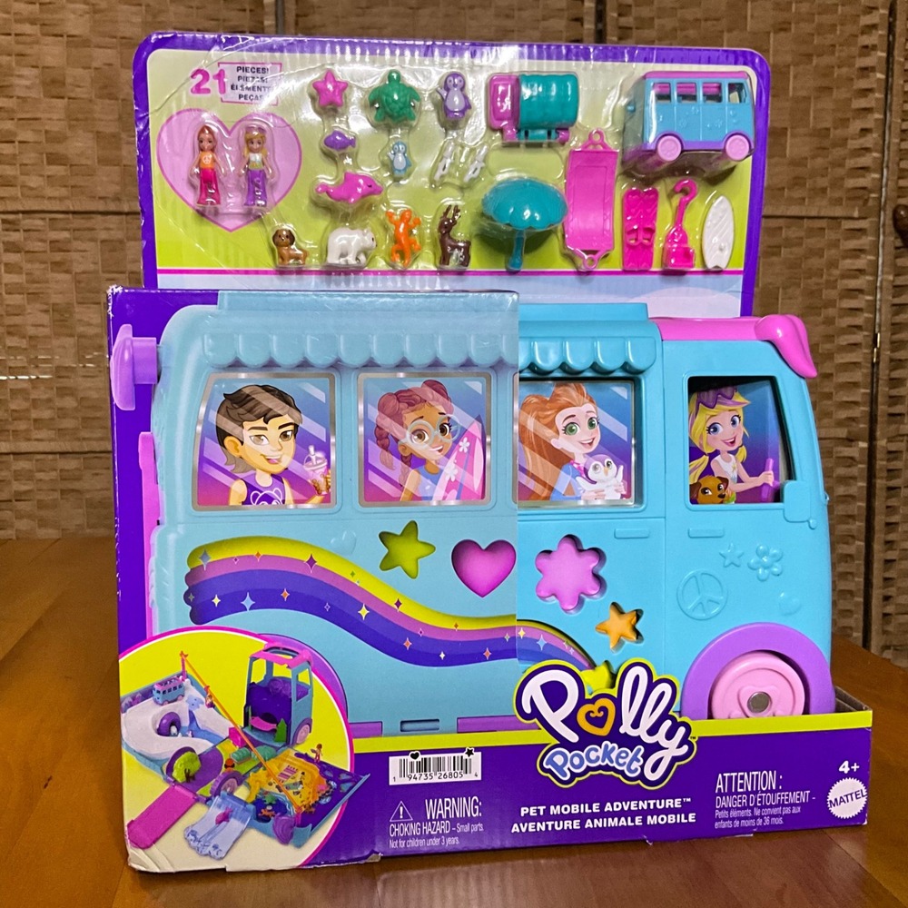 Polly Pocket‎ Pet Mobile Adventure Playset 2 Dolls 21+ Pieces New in Box